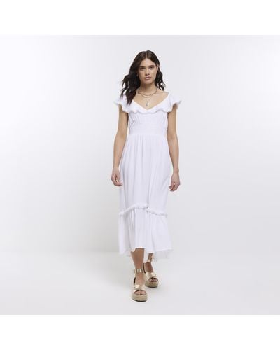River Island Bardot Ruffle Midi Dress - White