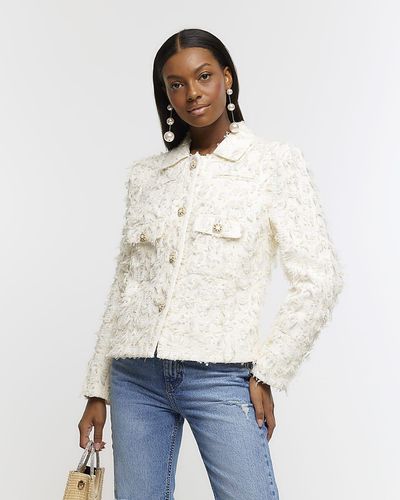 River Island Cream Textured Crop Trophy Jacket - White