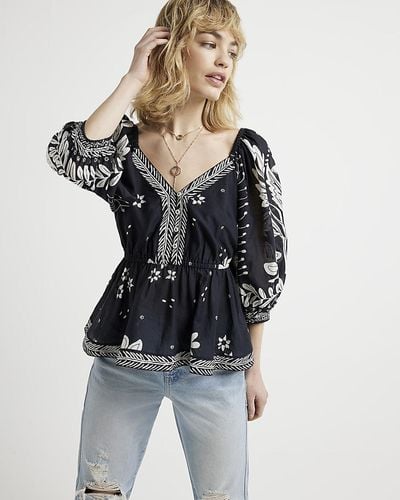 River Island Floral Puff Sleeve Blouse - Blue
