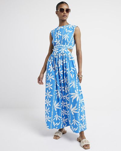 River Island Blue Floral Cut Out Swing Maxi Dress