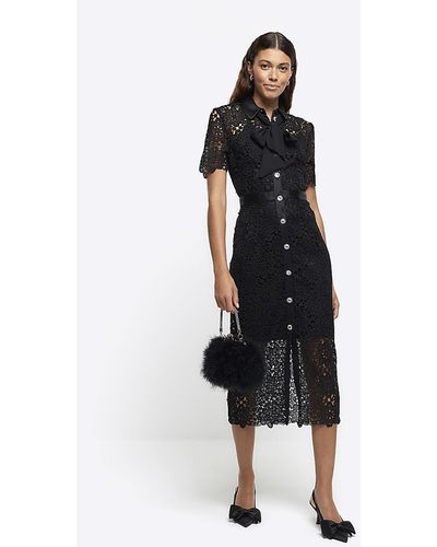 River Island Black Lace Bow Neck Midi Shirt Dress