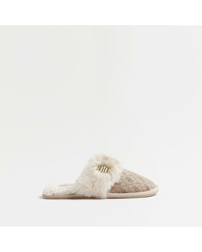 River Island Brown Jacquard Faux Fur Slippers - White
