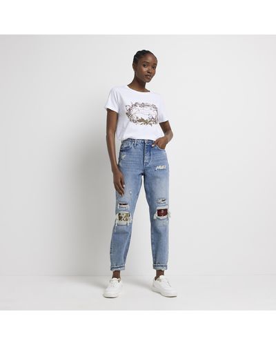 River Island Blue Ripped High Waisted Mom Jeans