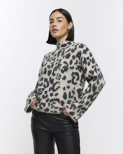 River Island Beige Leopard Print Sweater - Gray