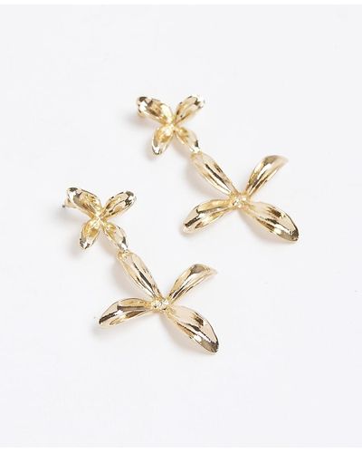 River Island Gold Color Flower Drop Earrings - White