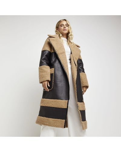 River Island Brown Faux Leather Shearling Longline Coat