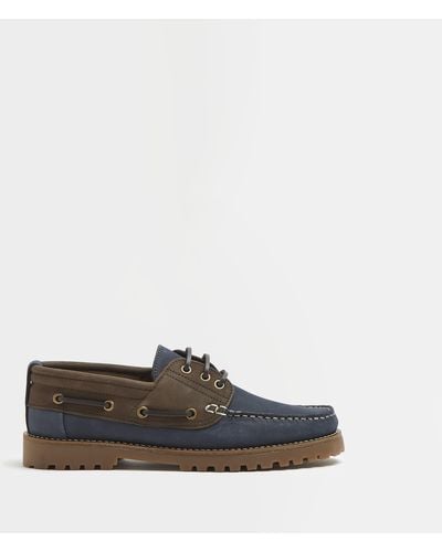 River Island Navy And Brown Leather Cleated Boat Shoes - Blue