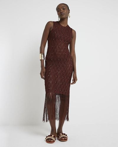 River Island Brown Crochet Fringe Hem Bodycon Midi Dress