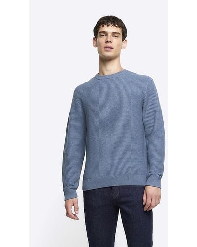 River Island Blue Slim Fit Waffle Texture Sweater