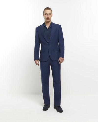 River Island Blue Slim Fit Linen Blend Suit Trousers