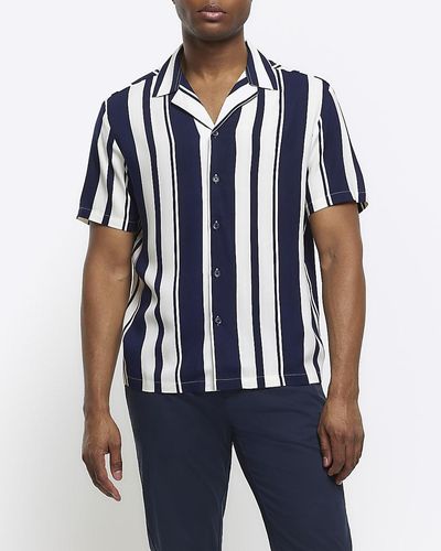 River Island Navy Regular Fit Stripe Revere Shirt - Blue
