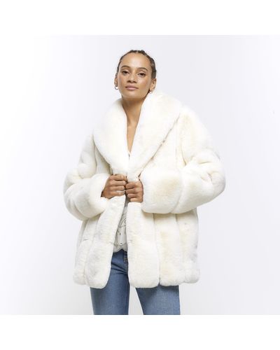River Island Cream Panelled Faux Fur Coat - White