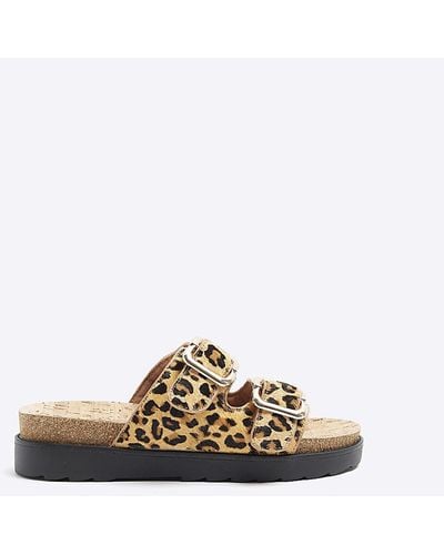 River Island Brown Leather Leopard Print Buckle Sandals - White