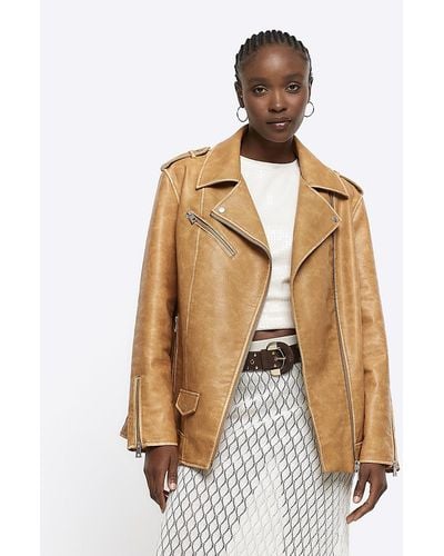 River Island Brown Oversized Faux Leather Biker Jacket - White