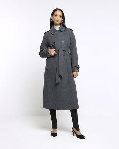 River Island Gray Belted Longline Trench Coat