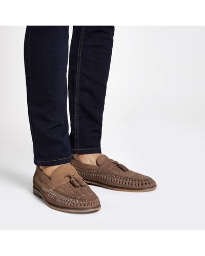River Island Leather Woven Tassel Front Loafers - Brown