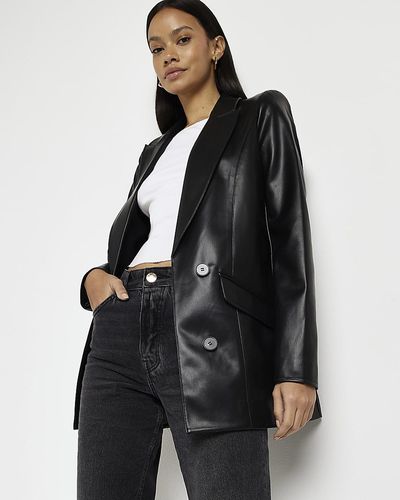 River Island Faux Leather Blazer - Black