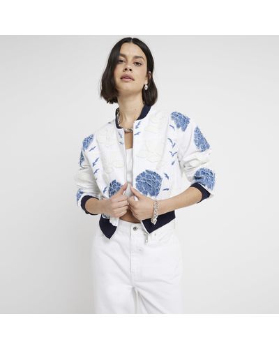 River Island White Embroidered Cropped Bomber Jacket - Blue