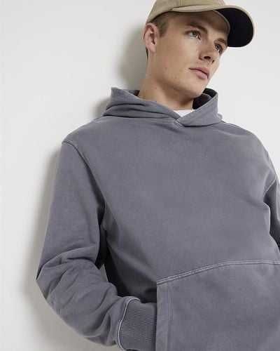 River Island Washed Blue Regular Fit Plain Hoodie - Gray