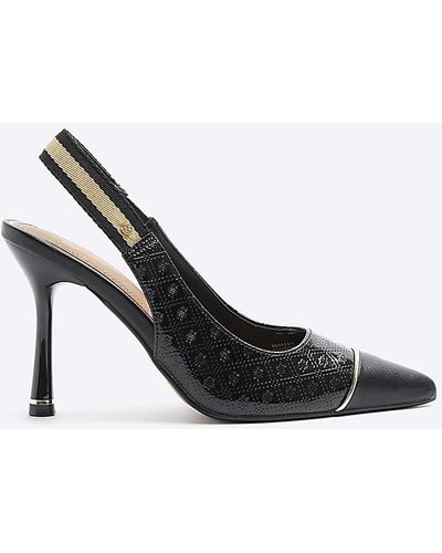 River Island Black Embossed Monogram Heeled Court Shoes - White