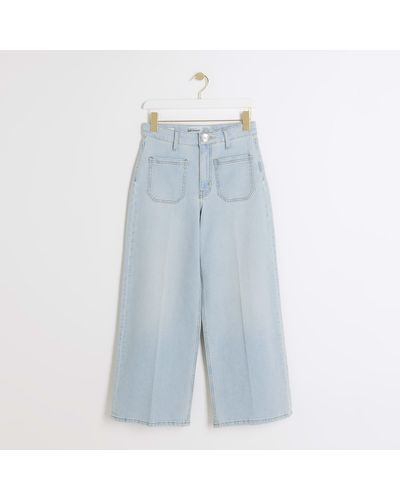 River Island Pocket Front Wide Leg Crop Jeans - Blue