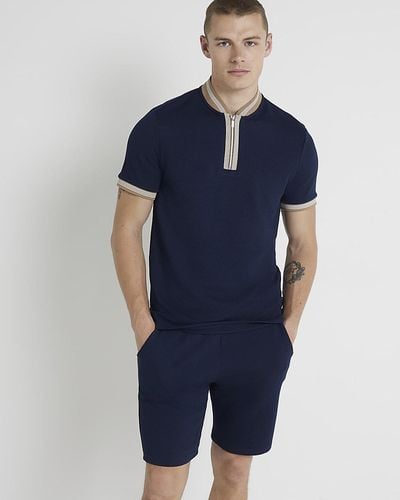 River Island Textured Taped Polo - Blue