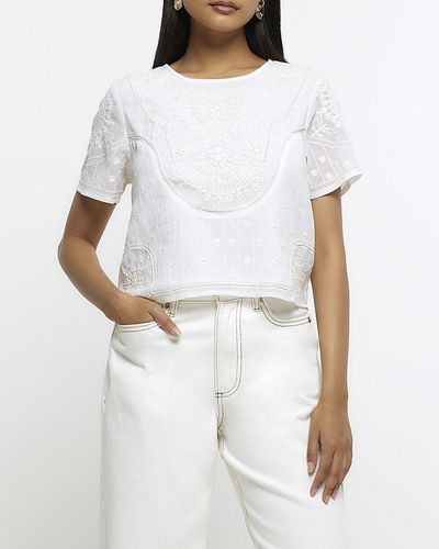 River Island Embroidered Short Sleeve Top - White