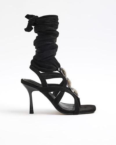 River Island Black Embellished Tie Up Heeled Sandals