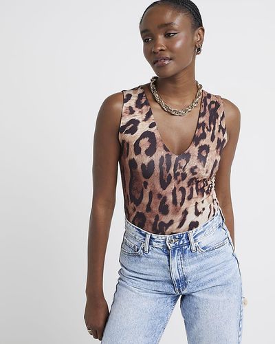 River Island Leopard Print V-neck Bodysuit - White