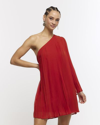 River Island Red Plisse One Shoulder Shift Mini Dress