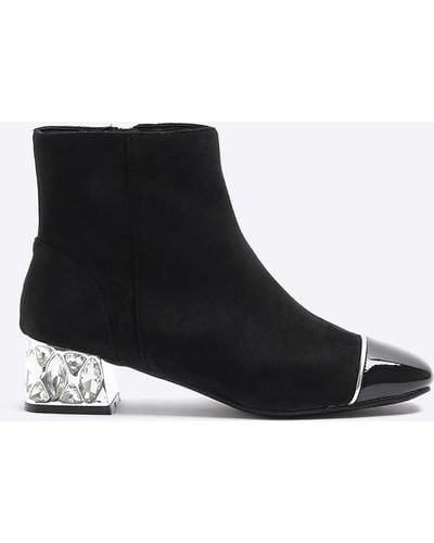 River Island Suedette Diamante Heel Ankle Boots - Black