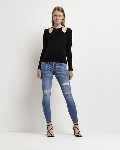 River Island Blue Low Rise Ripped Maternity Skinny Jeans