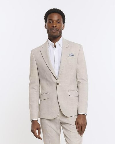 River Island Stone Check Suit Jacket - White