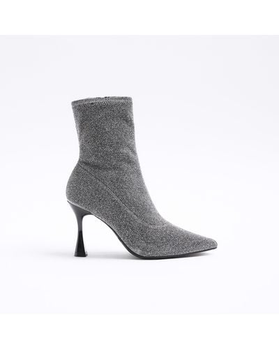 River Island Silver Wide Fit Glitter Heeled Ankle Boots - Grey