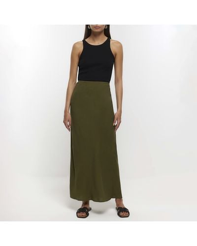 River Island Khaki Midi Skirt With Linen - Green