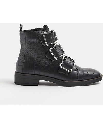 River Island Triple Buckle Ankle Boots - Black