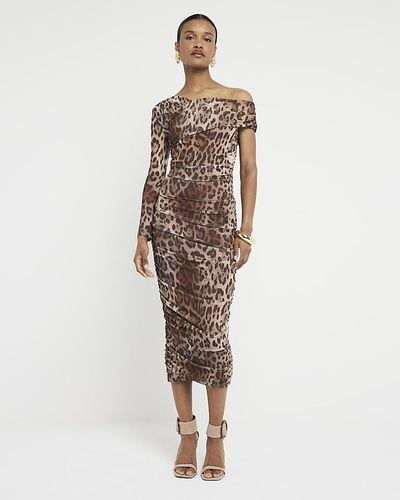 River Island Brown Leopard Print Ruched Bodycon Midi Dress - Natural