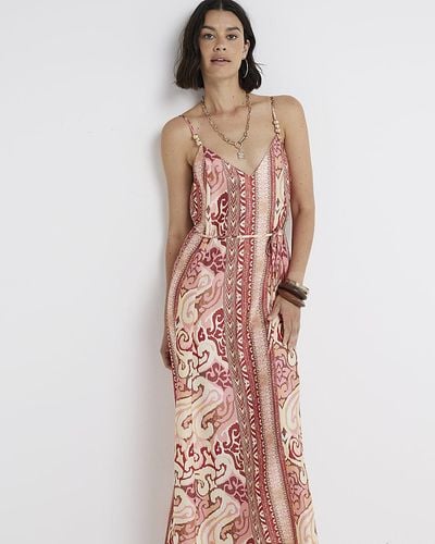 River Island Rust Abstract Print Belted Swing Maxi Dress - Brown