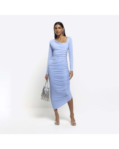 River Island Blue Ruched Asymmetric Bodycon Midi Dress