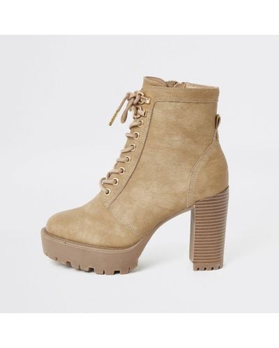 River Island Lace-up Chunky High Heel Hiker Boots - Natural