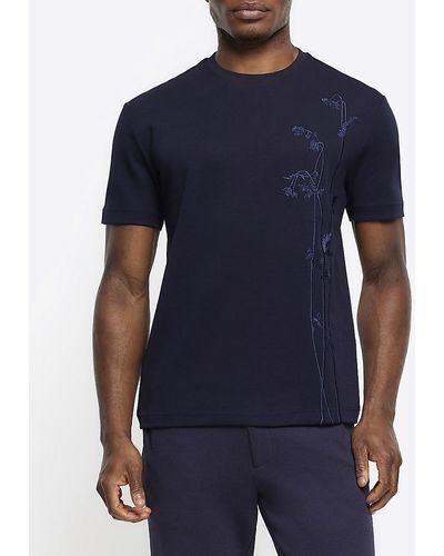 River Island Navy Slim Fit Floral Embroidered T-shirt - Blue
