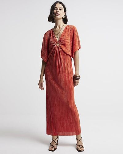 River Island Plisse Batwing Sleeve Swing Maxi Dress - Red