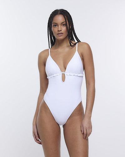 River Island Frill Plunge Swimsuit - White