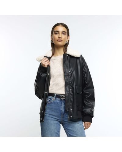 River Island Black Faux Leather Shearling Bomber Jacket