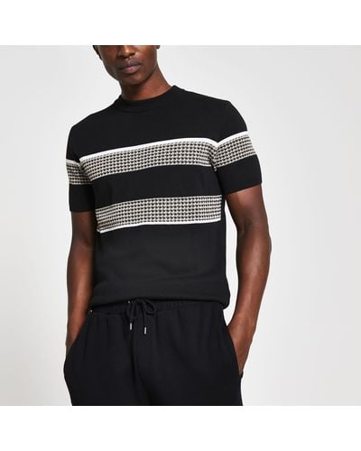 River Island Black Slim Fit Check Block Knitted T-shirt