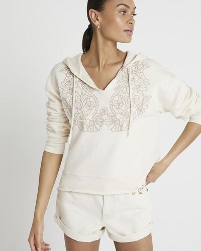 River Island Cream Embroidered Flower Hoodie - White