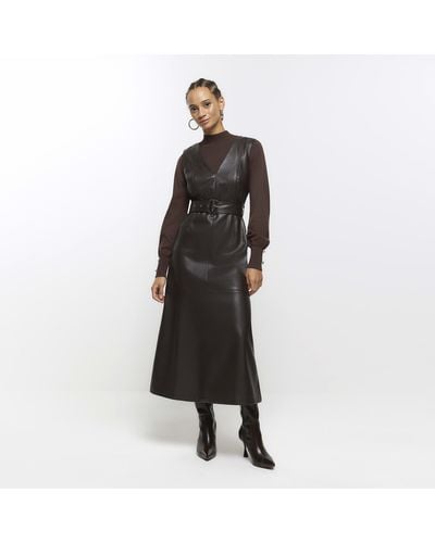 River Island Faux Leather Belted Swing Midi Dress - Black