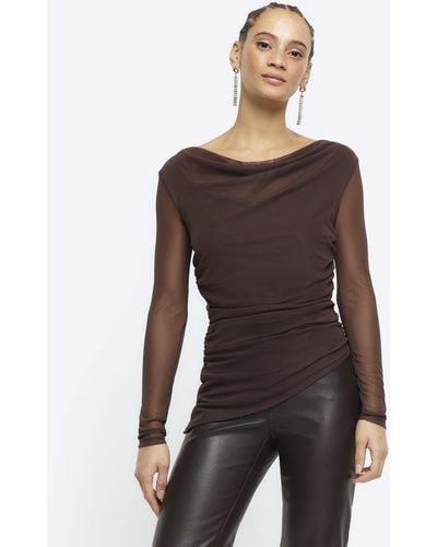 River Island Brown Mesh Ruched Long Sleeve Top