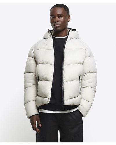 River Island Stone Regular Fit Hooded Puffer Jacket - Natural