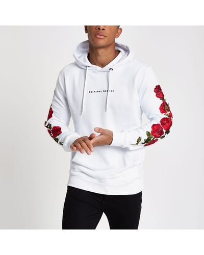 River Island Criminal Damage White Rose Embroidered Hoodie
